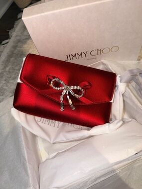 Jimmy Choo Red Satin Crystal Bow Evening Purse with chain
